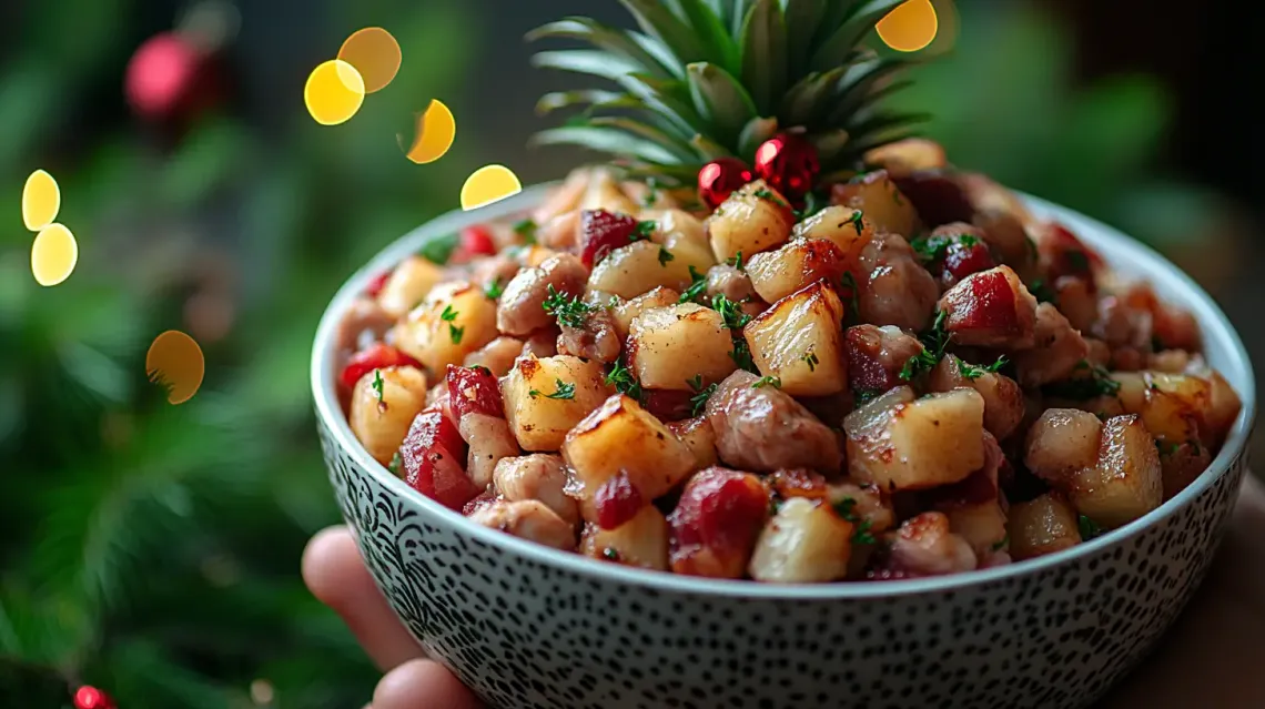 Appealing bowl of colorful food garnished with a tropical pineapple slice.