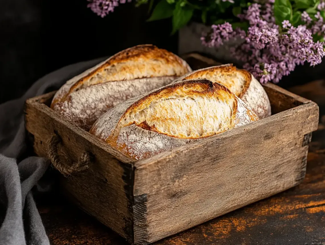 Three freshly baked, golden brown bread loaves of varying shapes in a light wooden box.