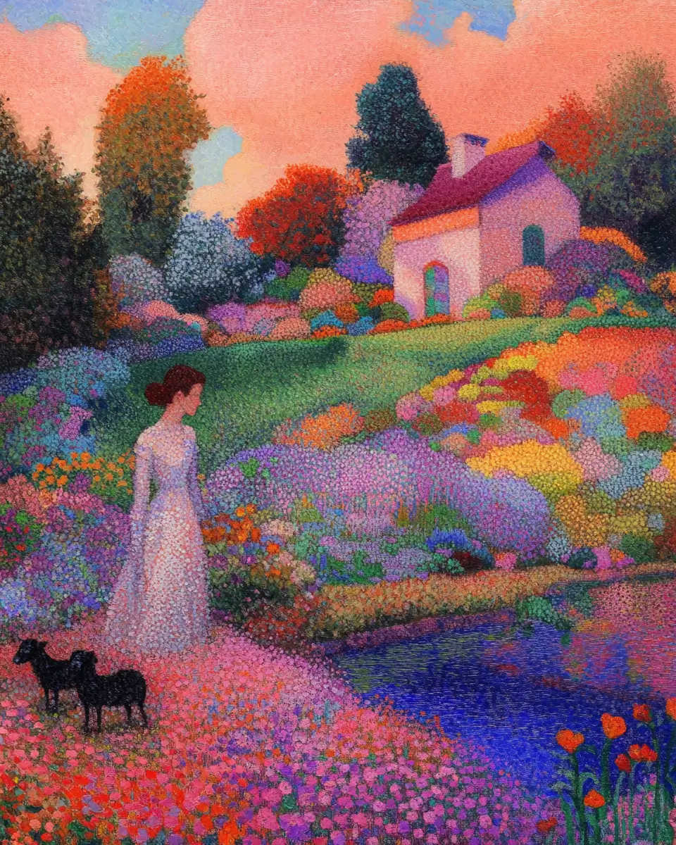 A pastoral landscape rendered in prismatic pointillism, with vivid colors forming dynamic shapes and textures.