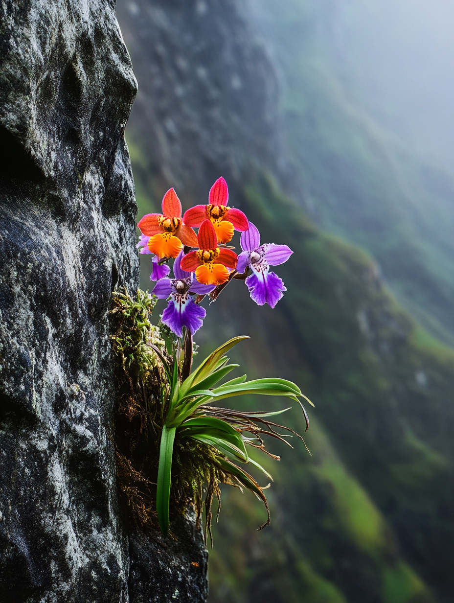 High-definition photo of a colorful butterfly orchid blooming in a rocky gap on a mountain cliff.