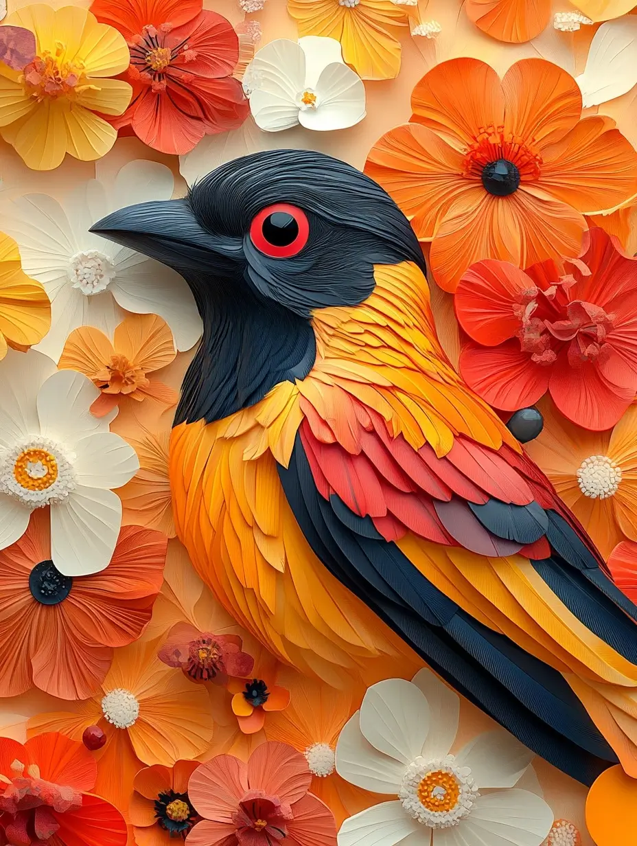 Bird resting on a flower-adorned wall with colorful blooms.