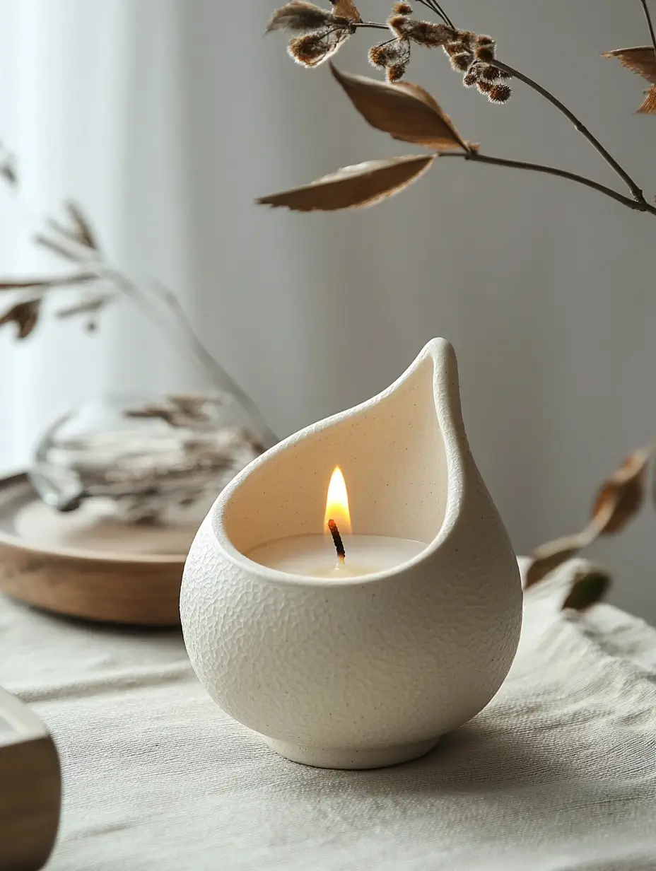 ingle white candle gently illuminating a rustic wooden table in a dimly lit room, evoking peace and tranquility.