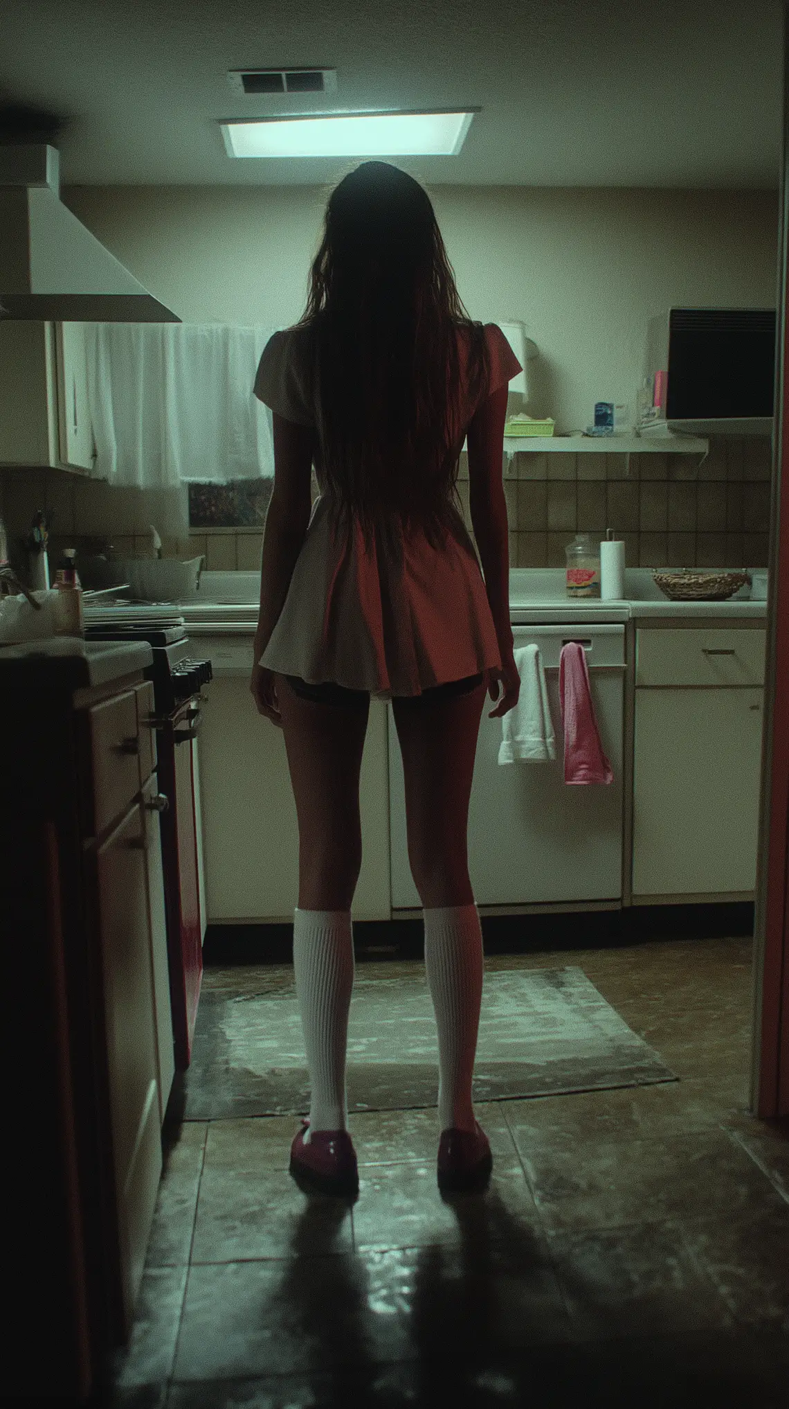 Woman in casual clothes and knee socks standing in a warm kitchen.