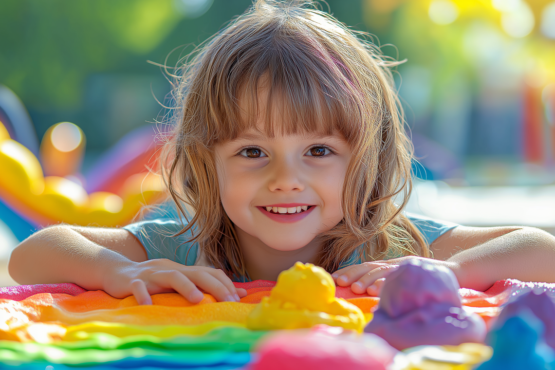 Joyful child playing with colorful playdough, crafting shapes on a sunny day with bright colors.