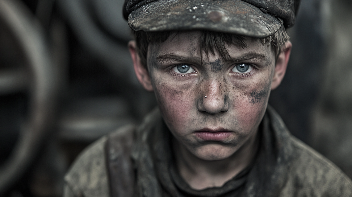 Fatigued child laborers working in harsh UK factory environments, faces showing exhaustion