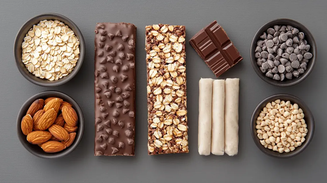 Assortment of milk, dark, and white chocolate bars with almonds, peanuts, and cashews in organized bowls.