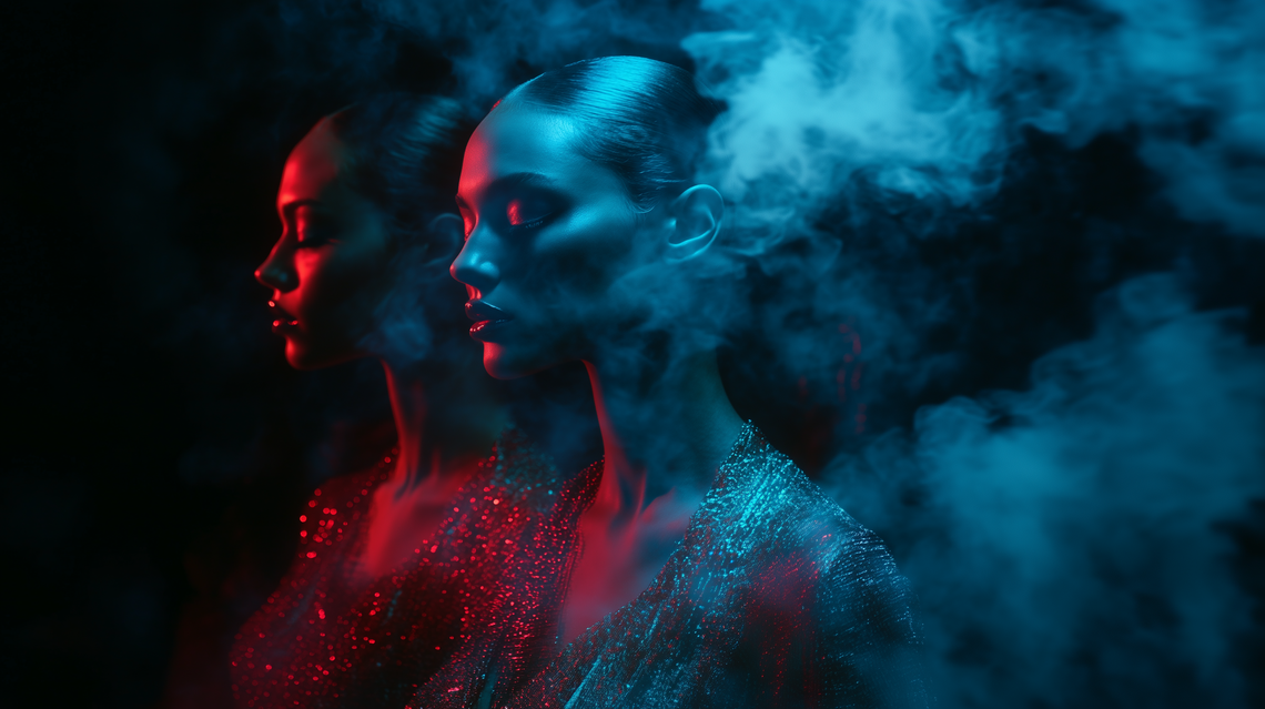 Two supermodels in avant-garde, futuristic fashion outfits against a dark, moody background