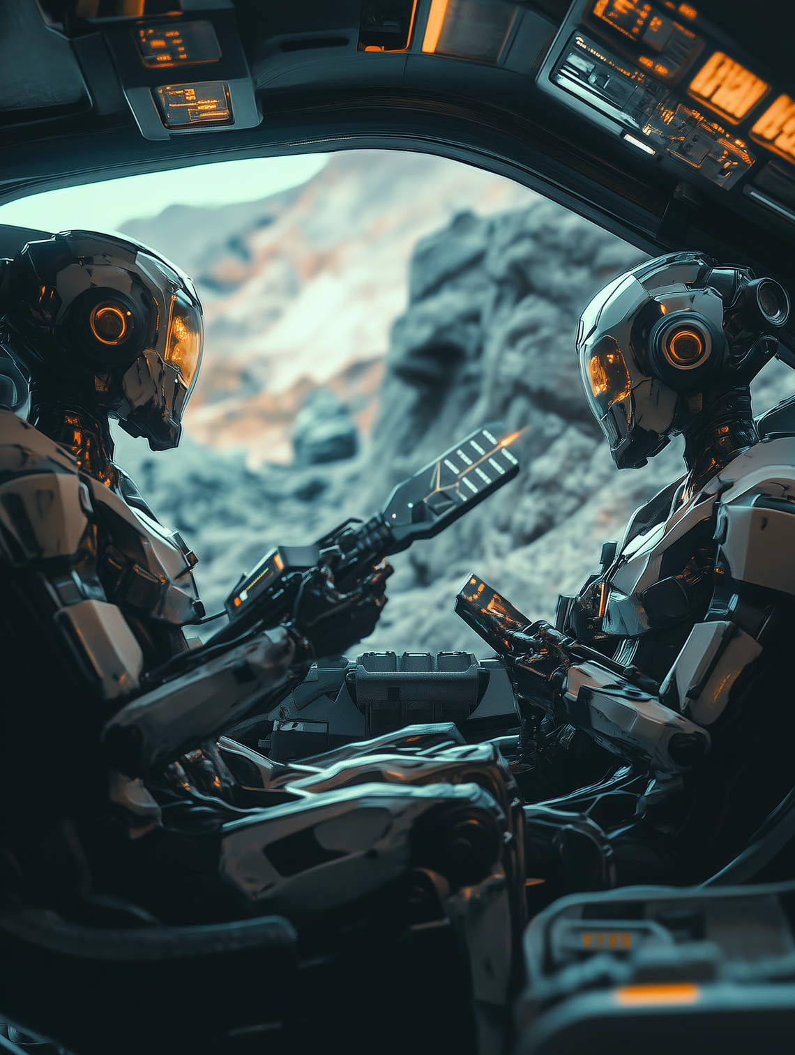 Two robots seated in a spaceship cockpit, one holding an energy weapon, with a rocky landscape outside