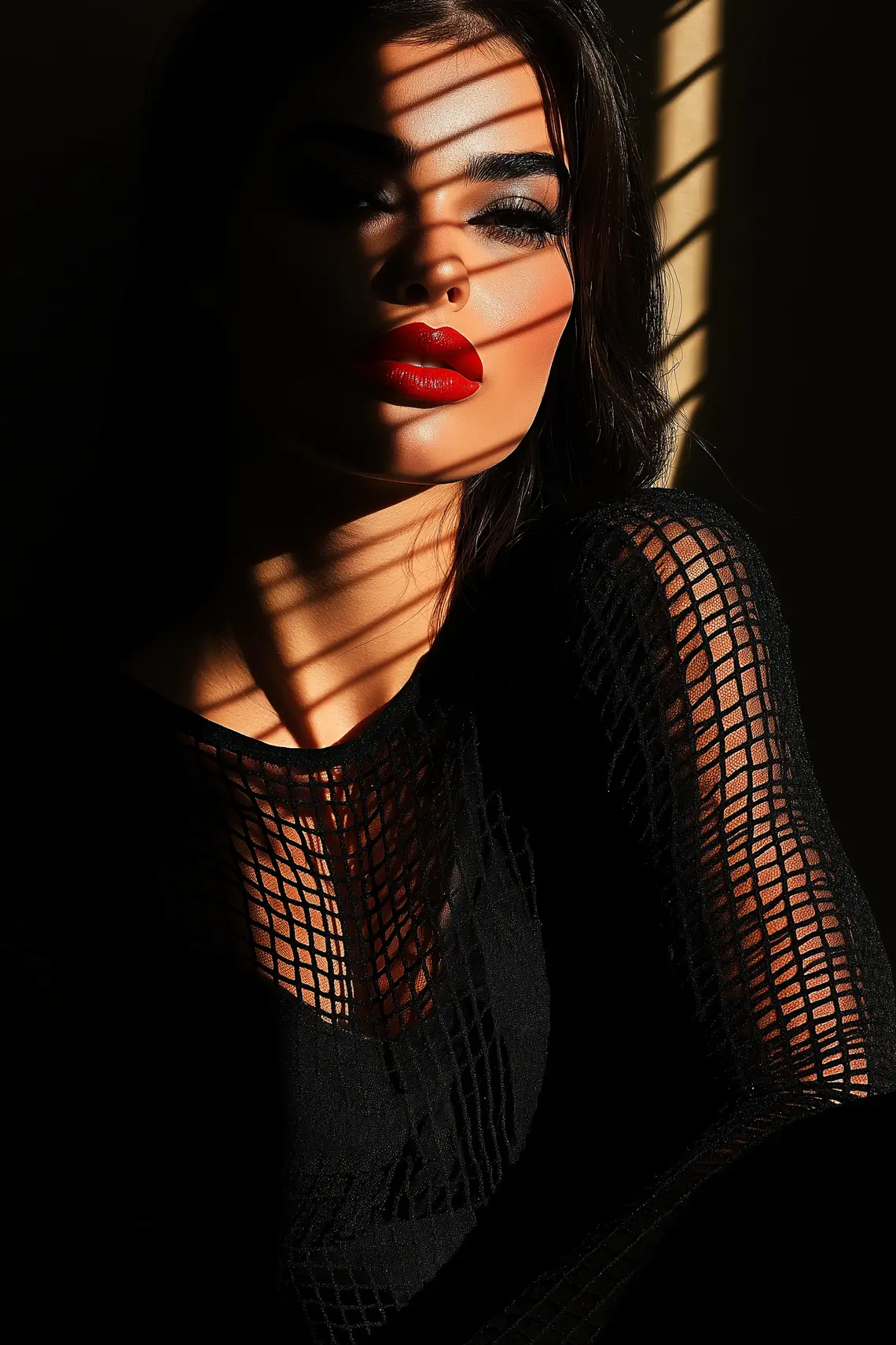 Woman with red lipstick in soft studio lighting on a black background.