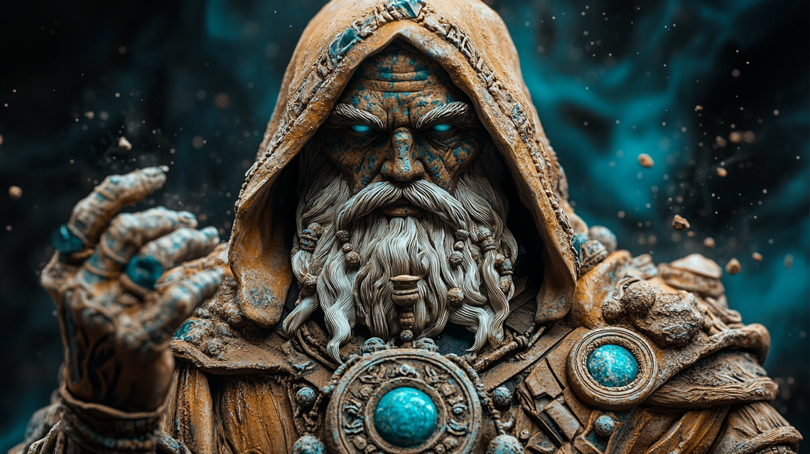 Detailed clay sculpture of a Redwood bio-wizard in earth-toned robes