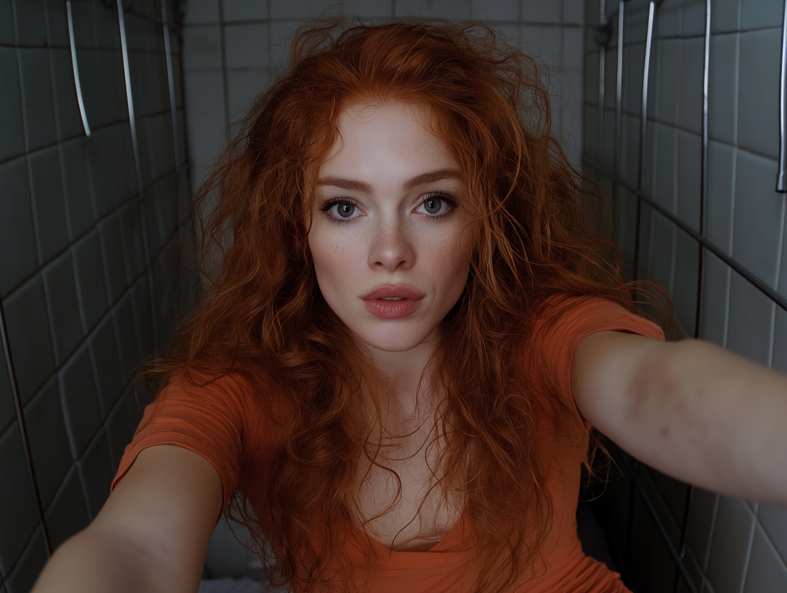 Close-up of woman with shoulder-length wavy red hair, wearing a t-shirt, taking a selfie in a bathroom