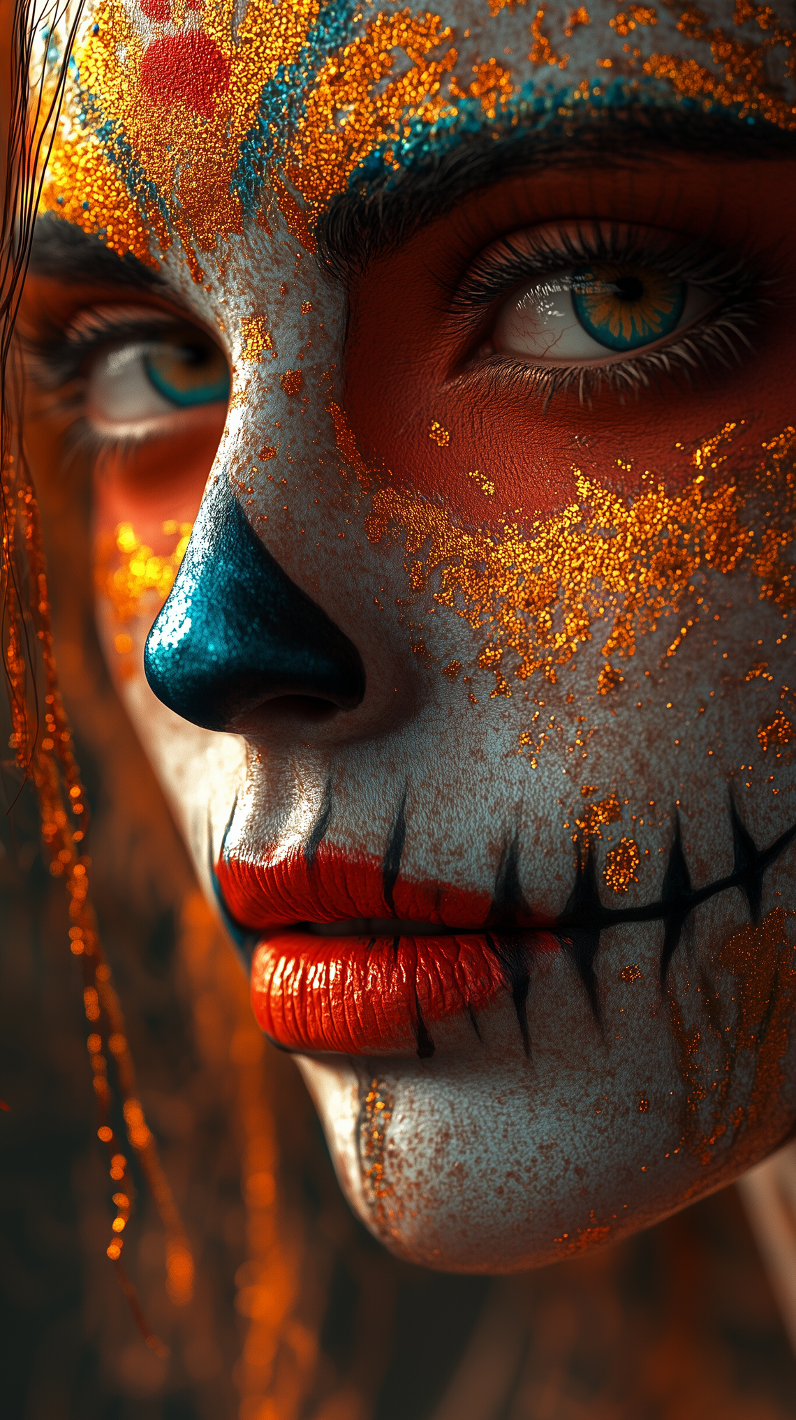 Close-up photograph of lips adorned with vibrant Day of the Dead makeup