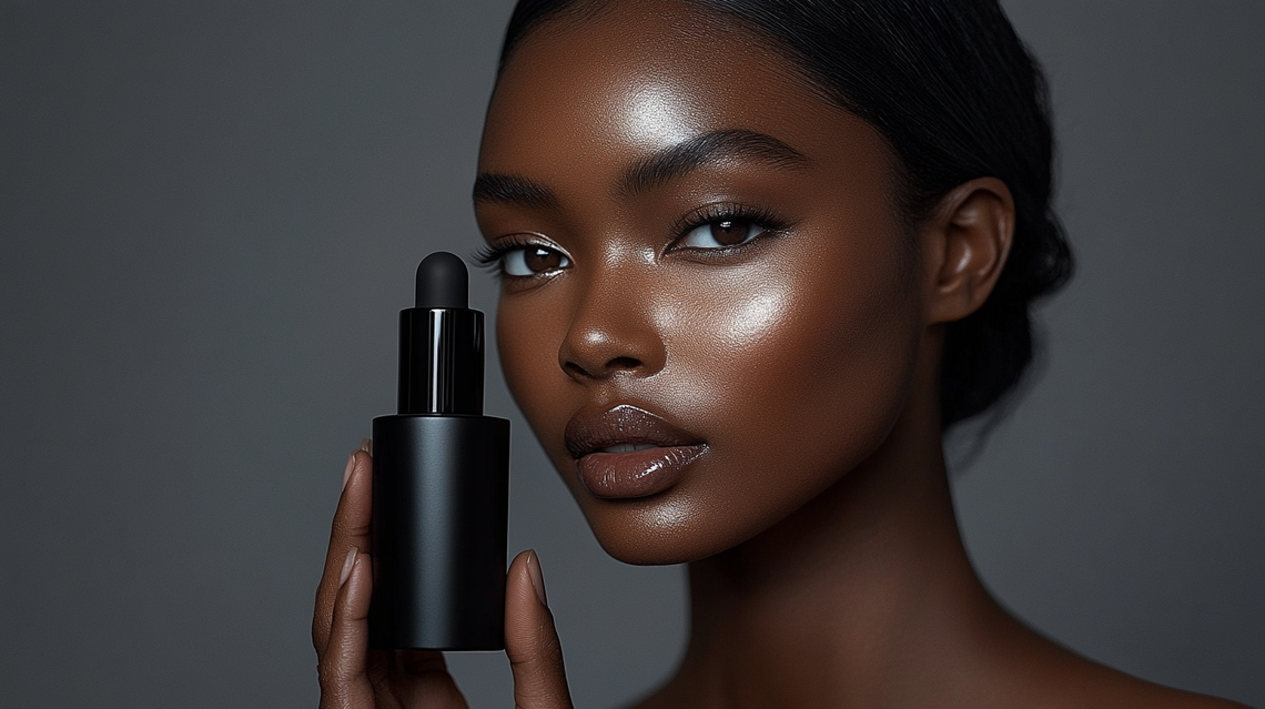 Image of woman holding a matte black cosmetic bottle, soft lighting emphasizing natural textures