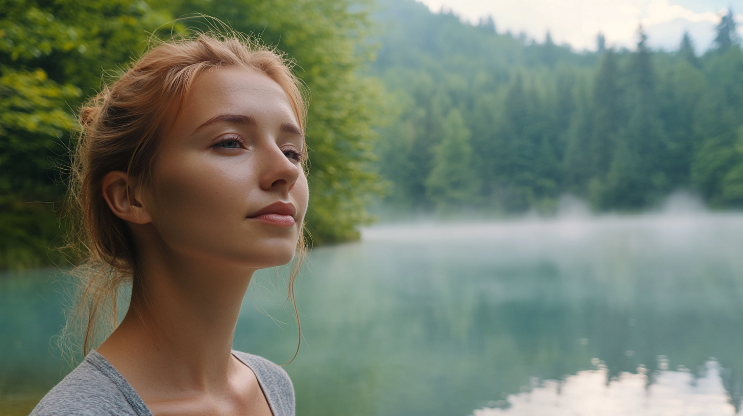 Close-up of Slovenian woman standing near a mystical lake, bathed in soft natural light