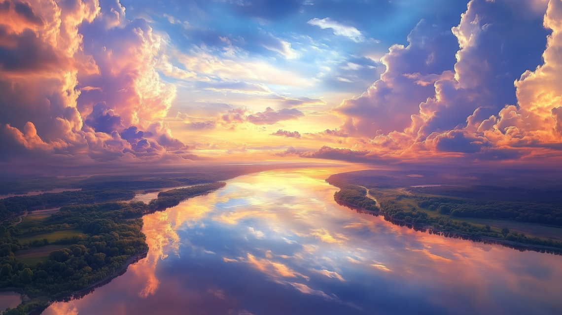 Vibrant clouds floating above a wide river, their reflection creating a colorful, scenic view.