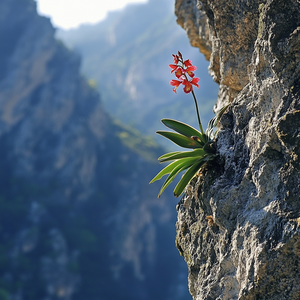 Colorful Butterfly Orchid Growing on Mountain Cliffs