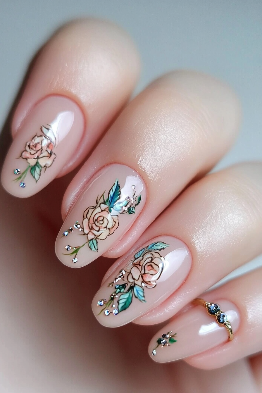 Nail art inspired by coloring books, featuring intricate designs in colored pencil style with a matching ring.