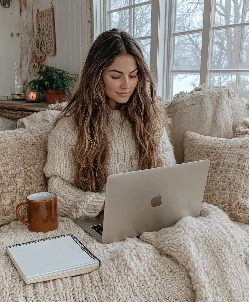 Focused woman working on a laptop at home, sitting comfortably on a couch in a well-lit room.