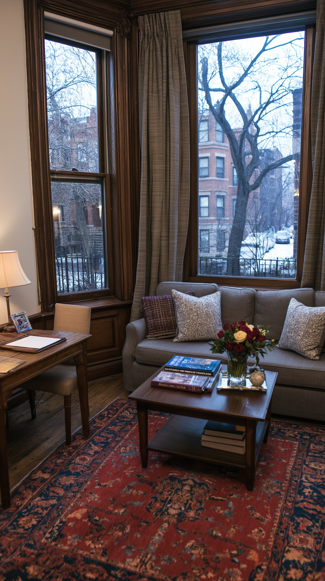 Warmly lit cozy New York living room with desk, small windows, and classic brownstone style