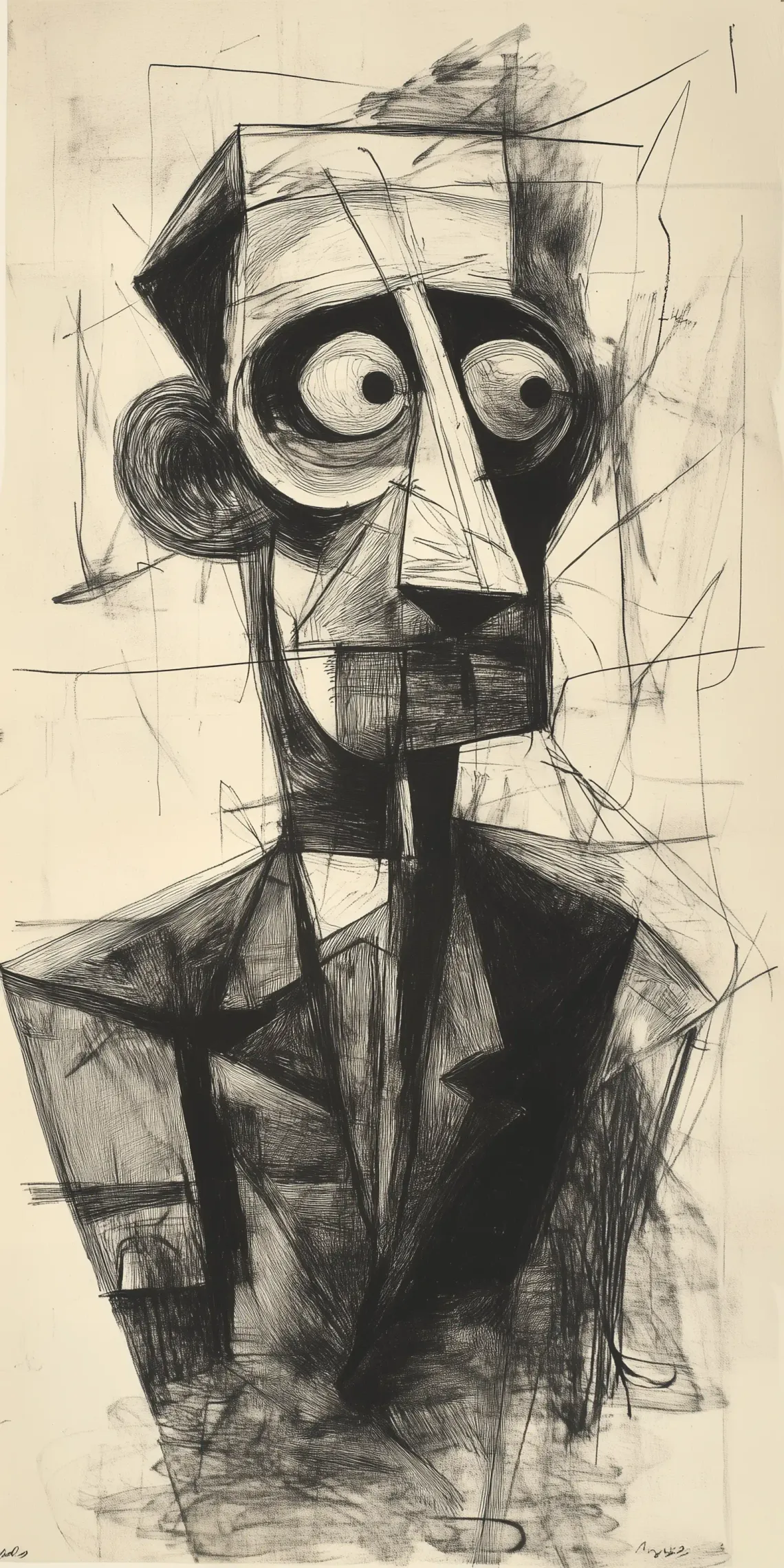 A cubist black-and-white drawing with fragmented, angular forms and abstract human features.