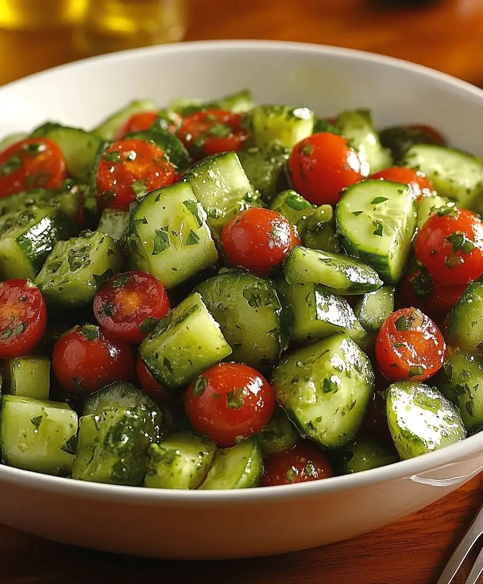 Bowl of fresh cucumber slices and cherry tomatoes with a silver fork on a table, suggesting a healthy meal.