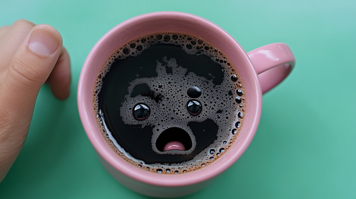 Pink mug of black coffee with bubble face on surface, held over green table