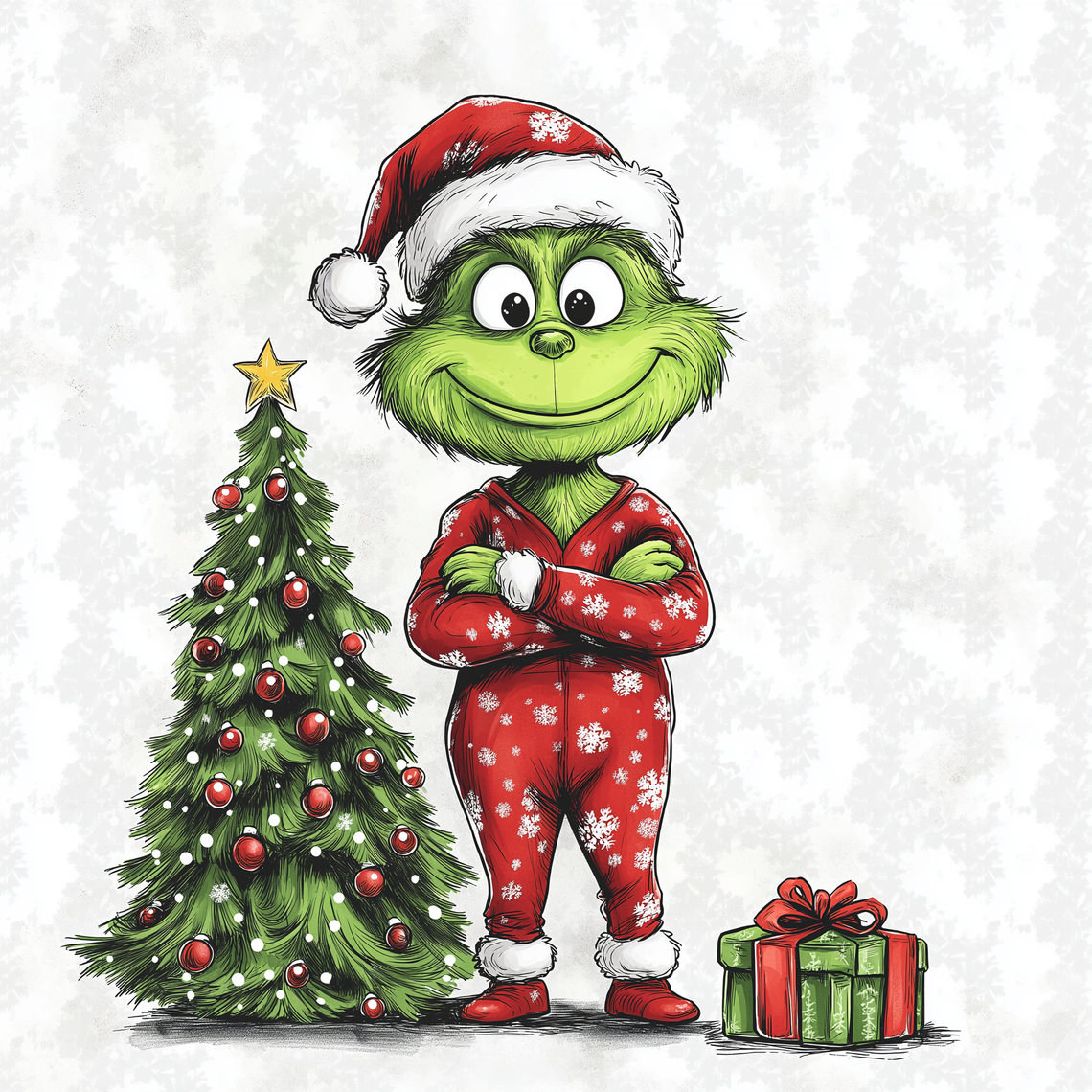 Watercolor illustration of the Grinch in Santa hat and pajamas, standing by a Christmas tree