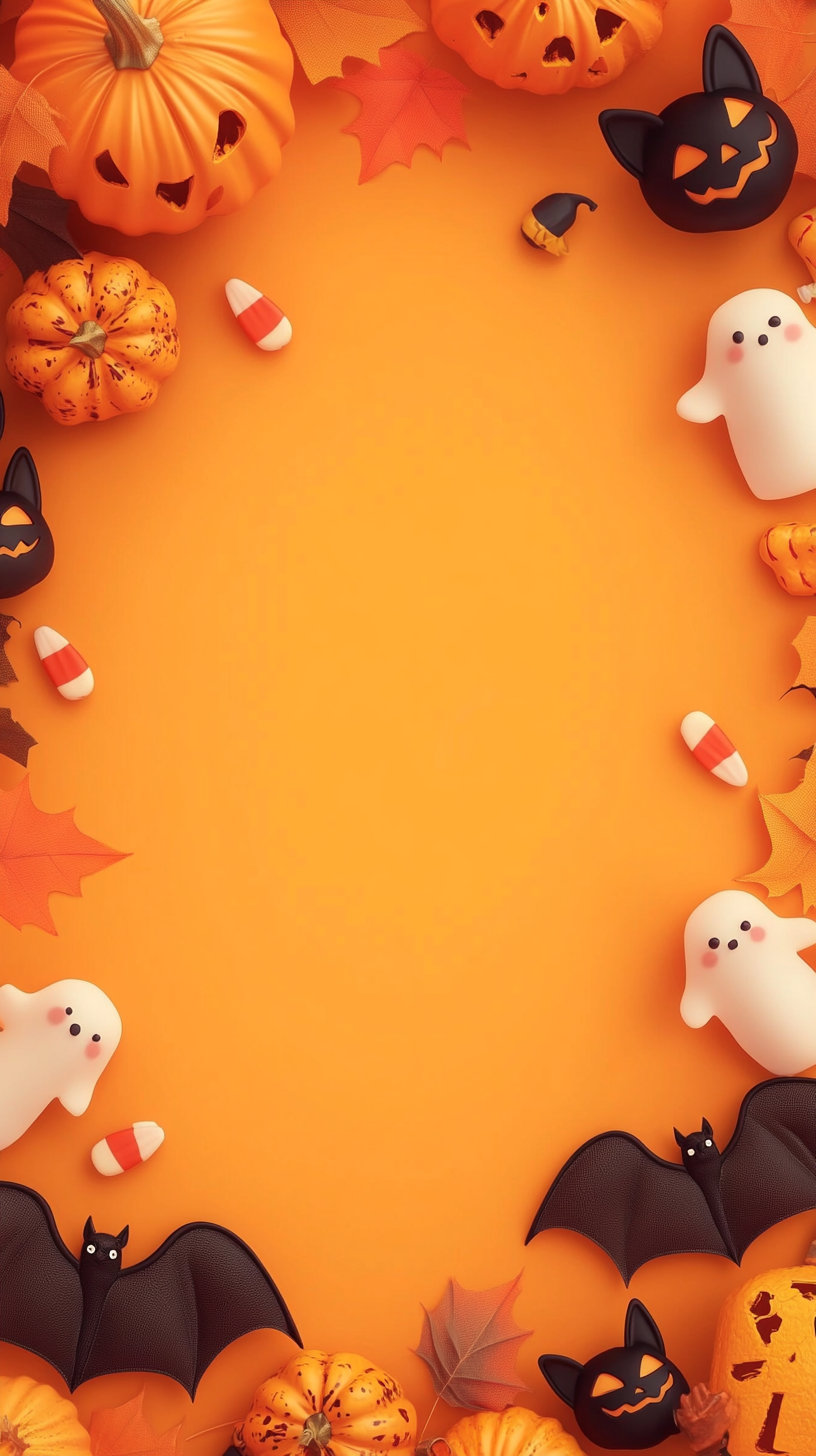 Top-view cartoon Halloween frame with pumpkins, ghosts, bats, black cats, and candies on orange background