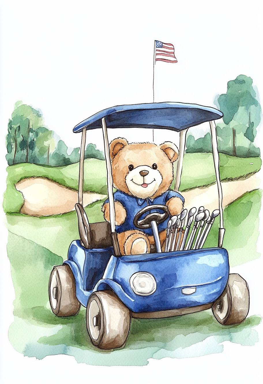 Watercolor illustration of a teddy bear in golf attire driving a blue golf cart on a green golf course