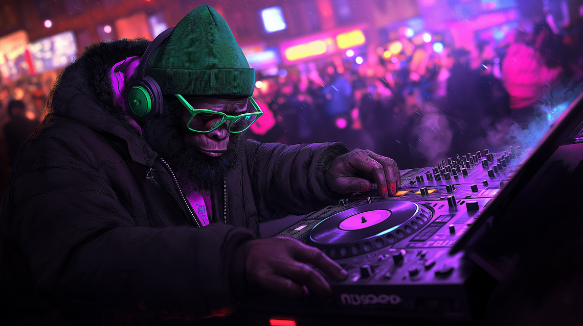 Monkey wearing green glasses, fedora, black hoodie, spinning DJ turntable with colorful background and dancing crowd