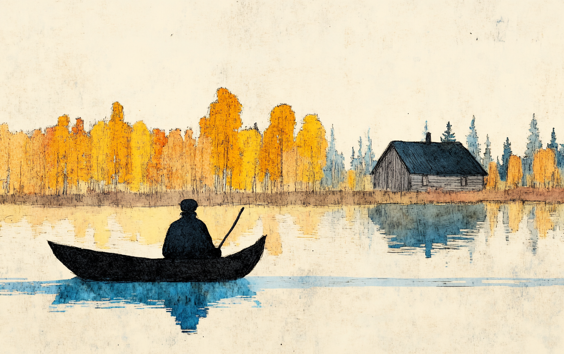 Illustration of daily life inspired by the Kalevala, showing traditional Finnish activities