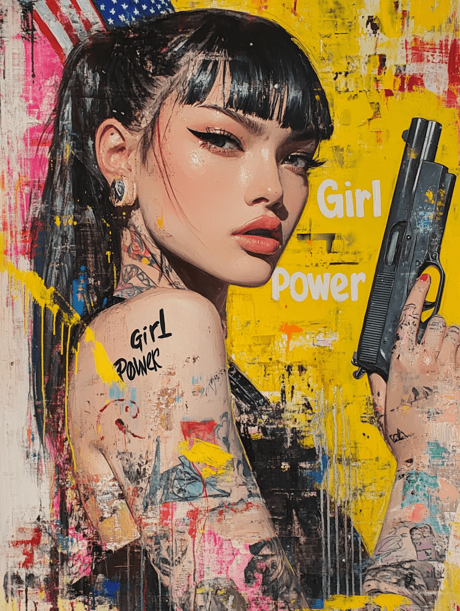 Tattooed princess in dark academia style, holding gun with yellow graffiti