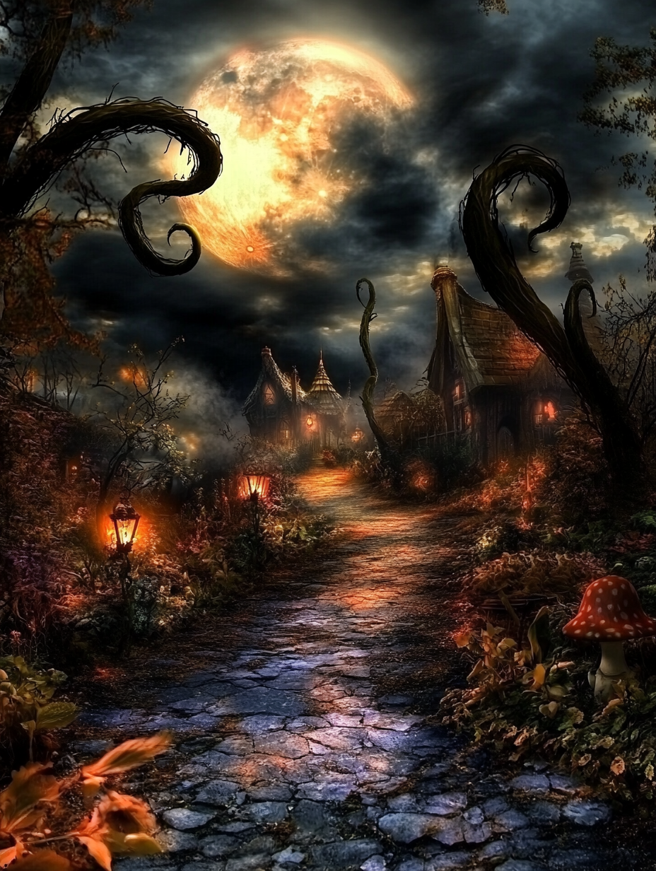 Whimsical scene with twisted trees, glowing full moon, crooked houses, and dreamlike lighting