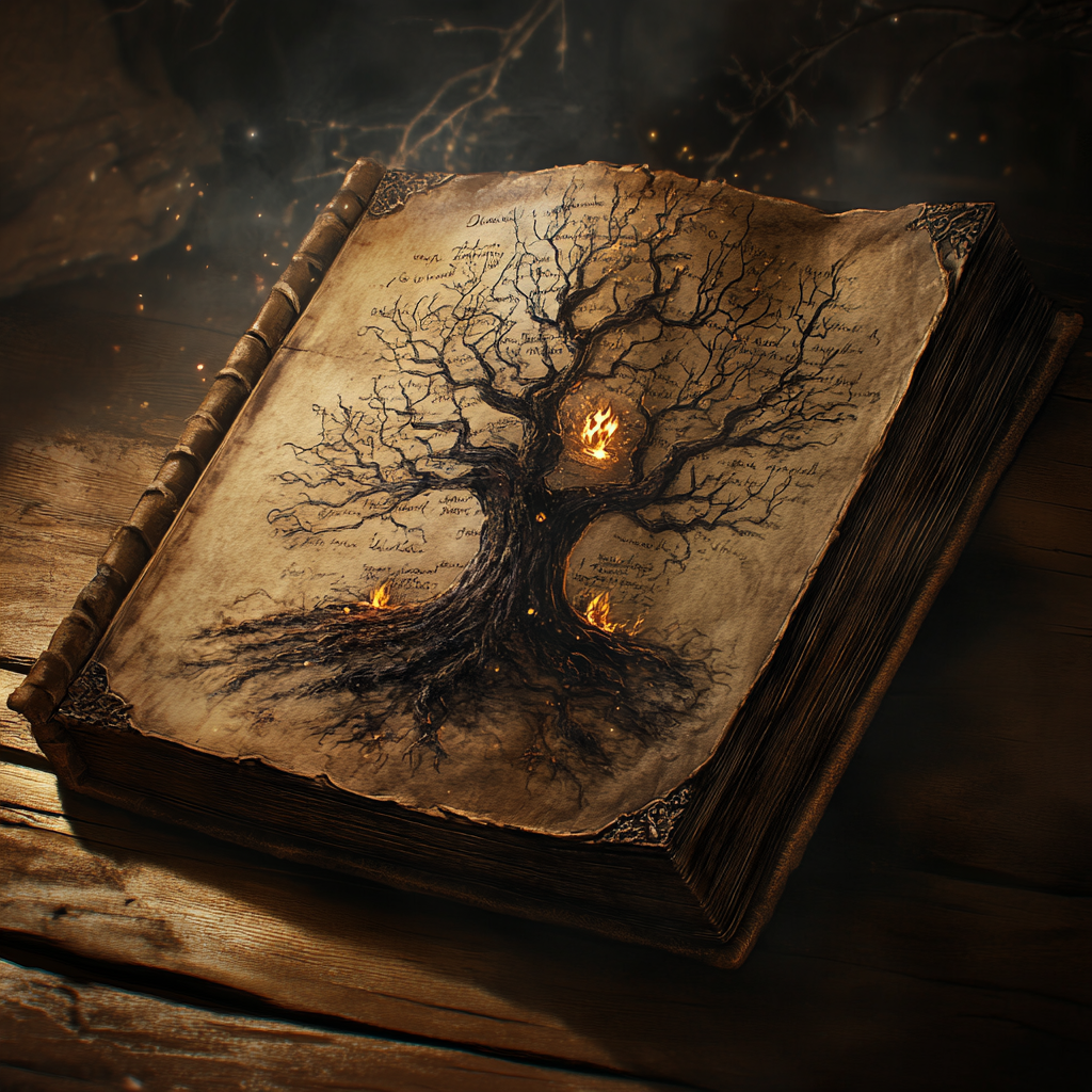 Photorealistic scene of Dax opening an ancient spellbook, revealing a family tree with mysterious symbols