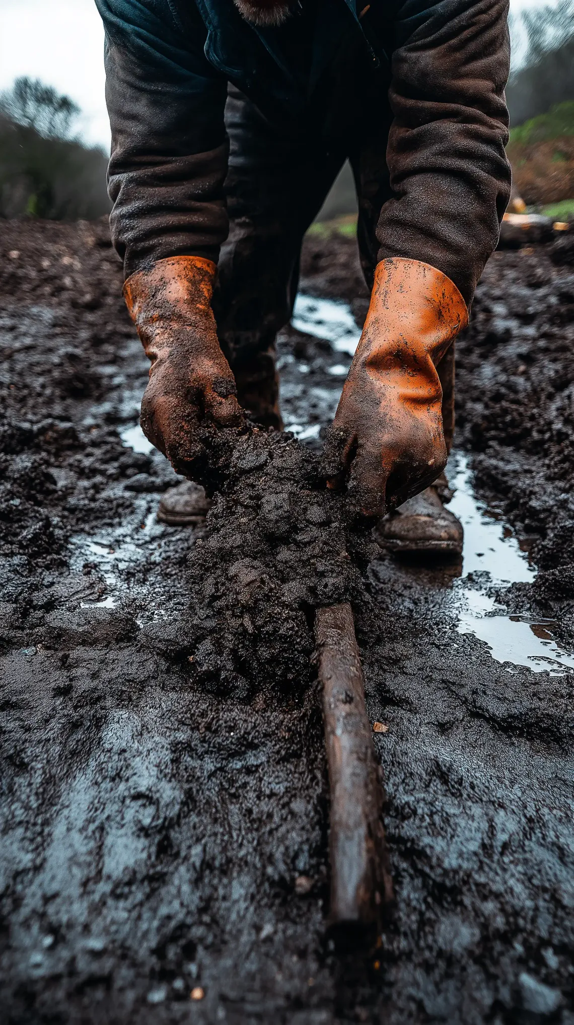 Man shoveling mud with a determined look in an outdoor setting.