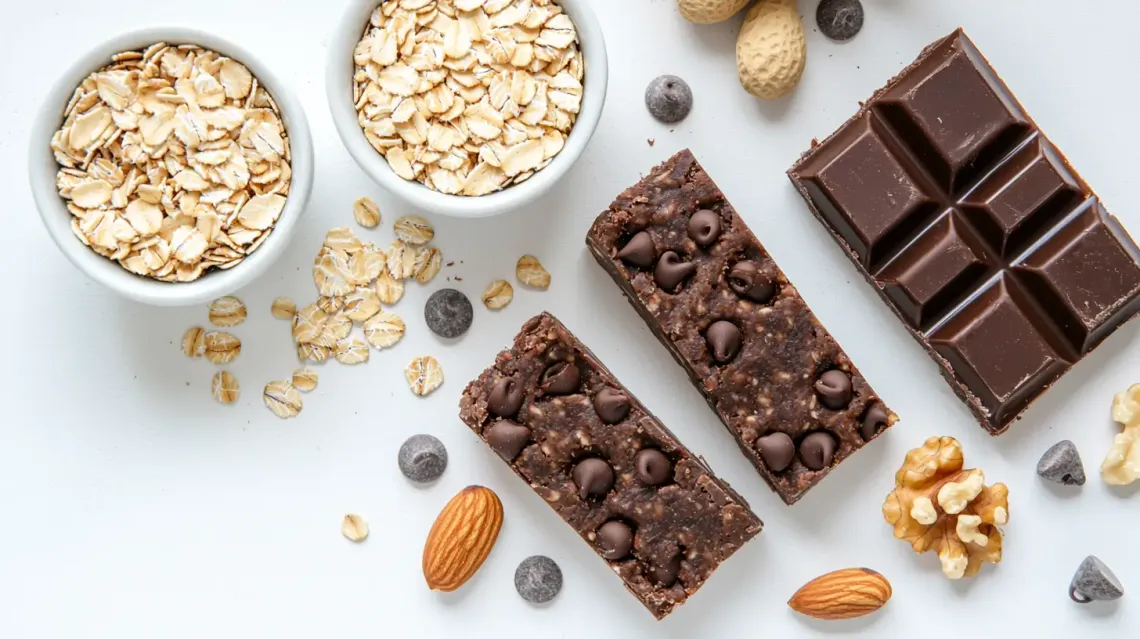 Assortment of nuts, chocolate, and oats laid out together, showcasing nutritious snack options.