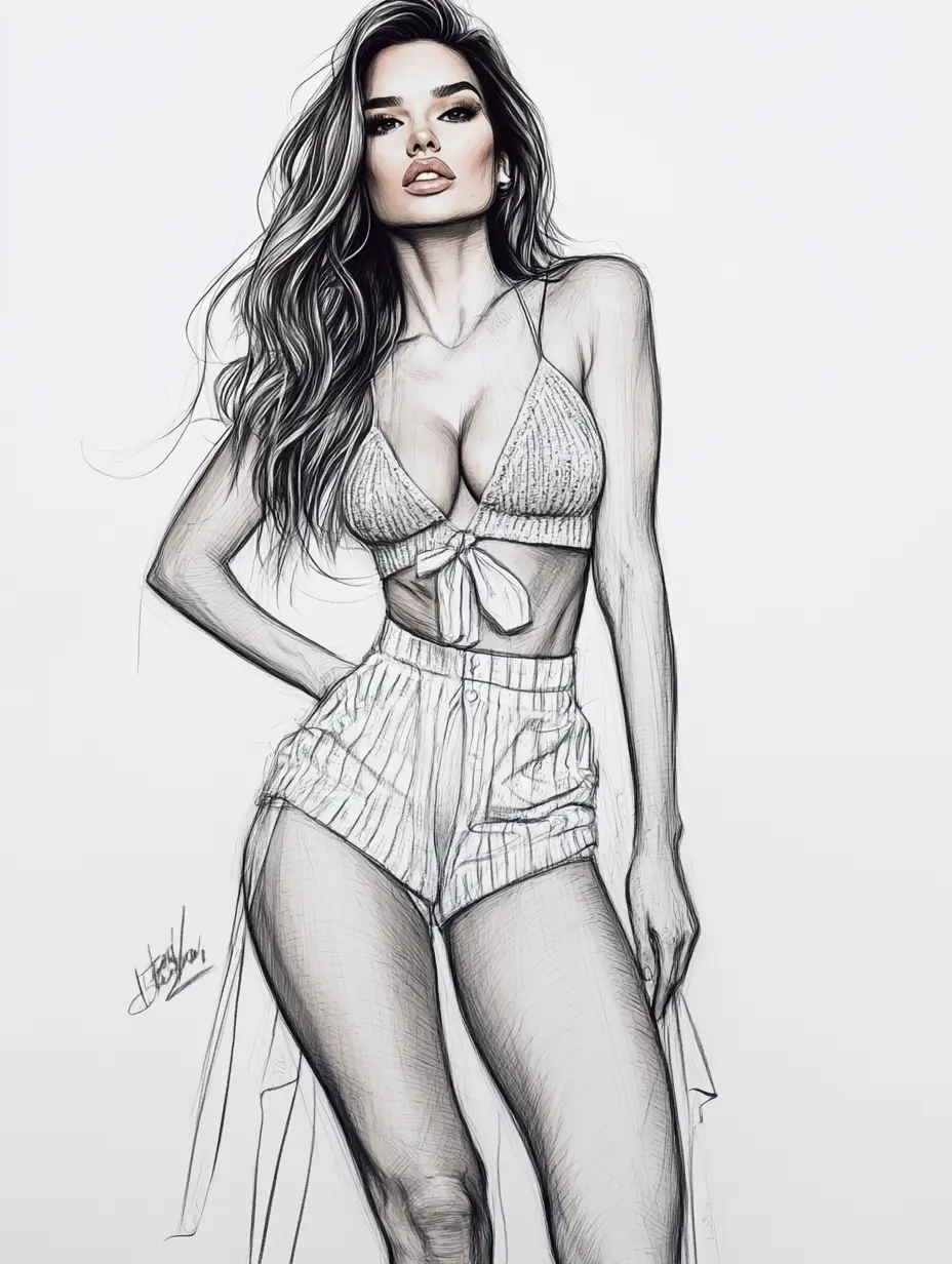 Realistic and intricately shaded drawing of a confident woman wearing a modern bikini, exuding summer vibes.