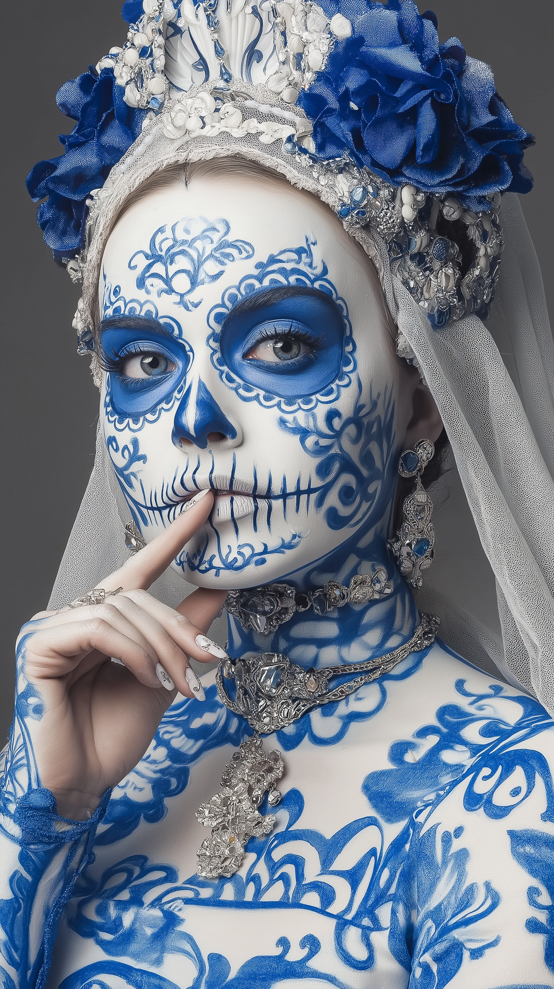 Dia de los Muertos skull makeup with a Delftware porcelain pattern and adorned with intricate jewelry.