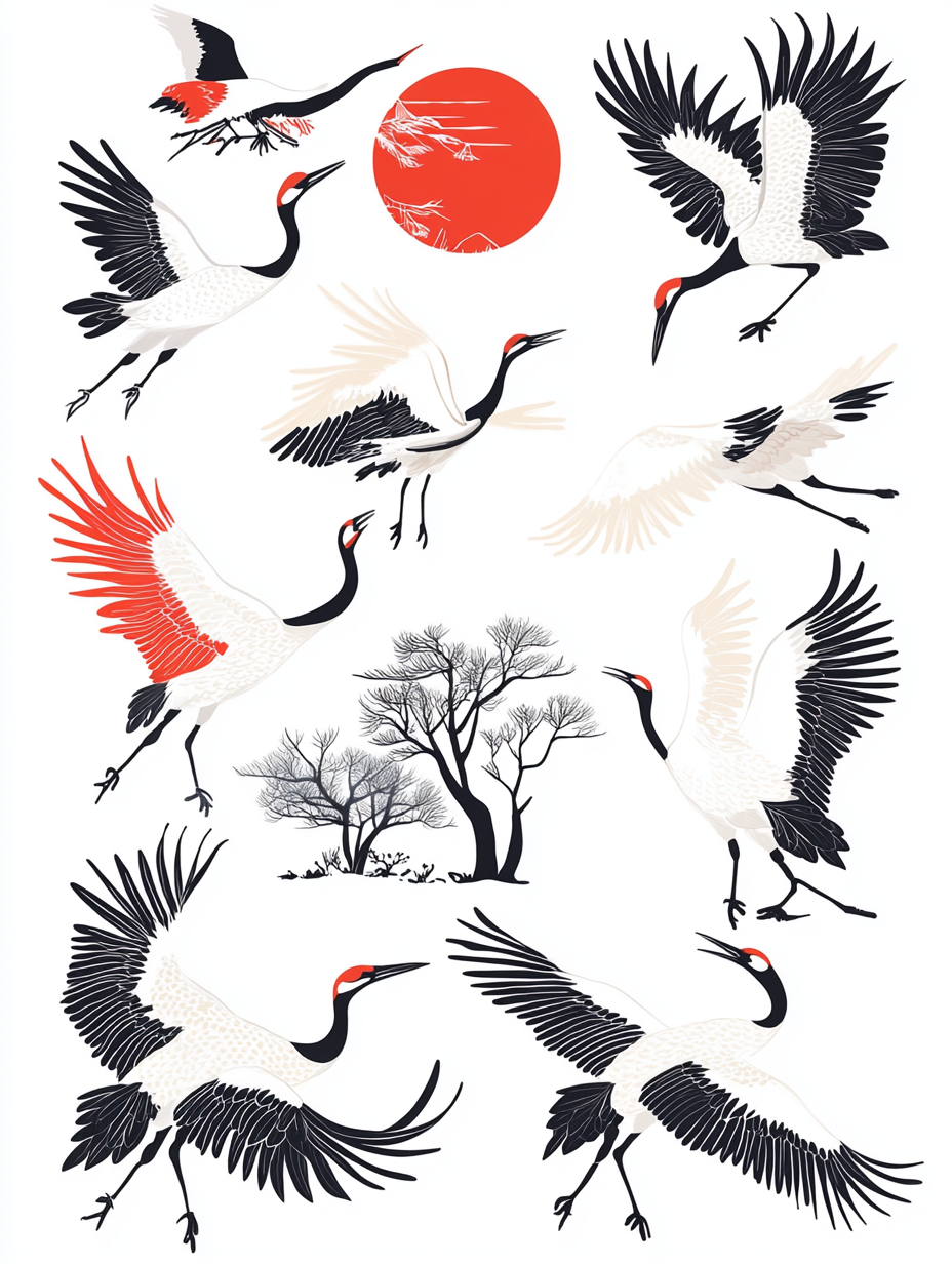 Iconography of cranes in various postures: flying, landing, soaring, wings spread, and standing upright.