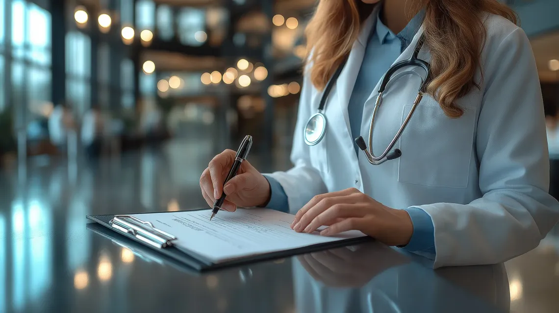 Hands of a doctor writing on a clipboard, recording hospital schedules or healthcare checklists.