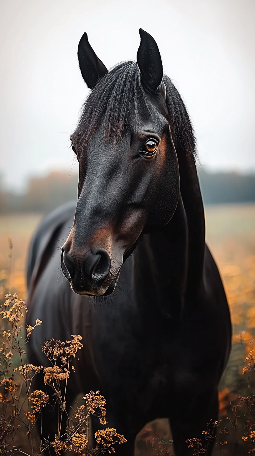 Professional portrait of a black horse with intense eyes, framed by shadows