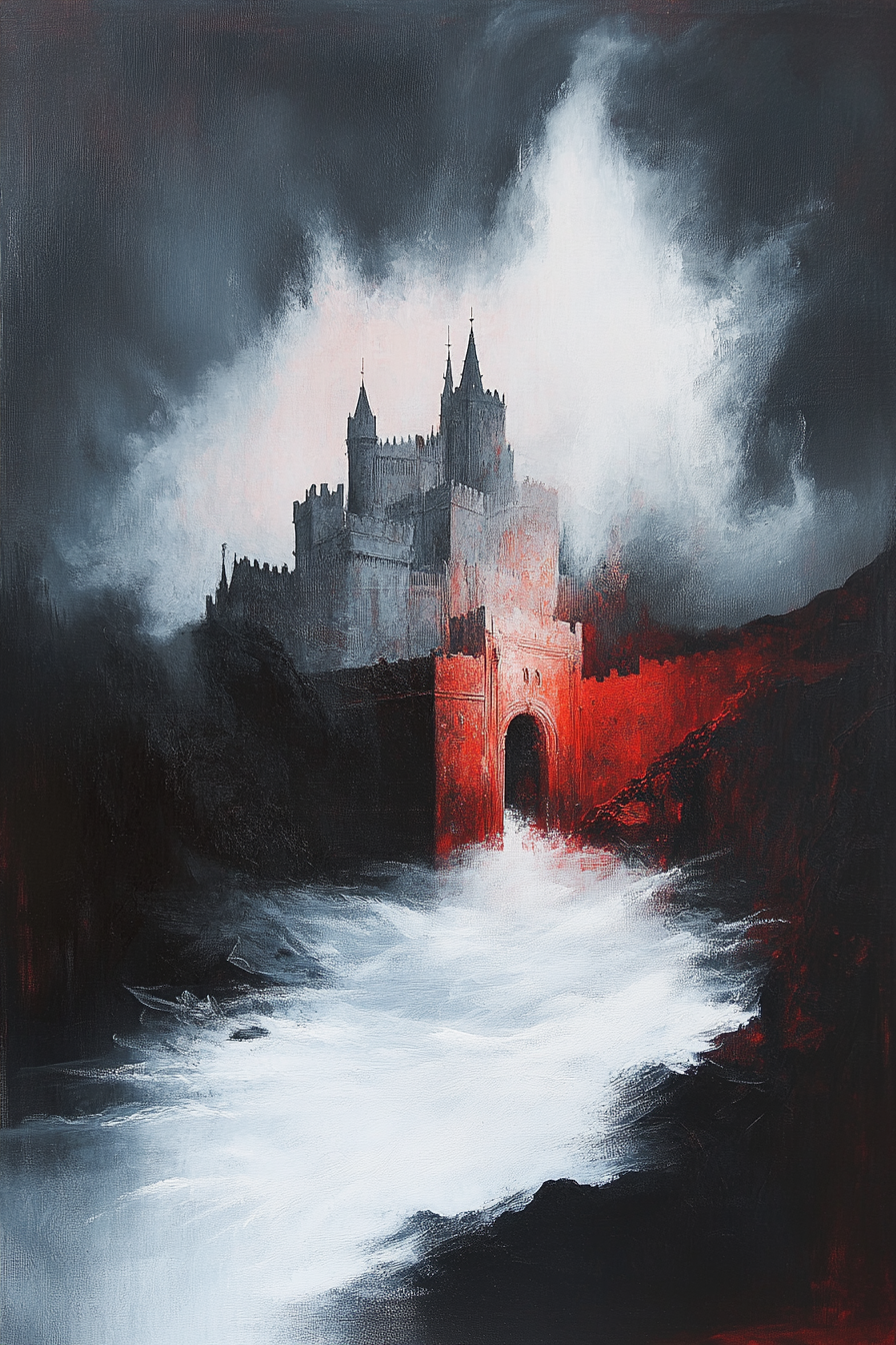 Textured white oil painting of a gothic castle at night with dramatic white, red, black, and gray tones and stormy clouds.