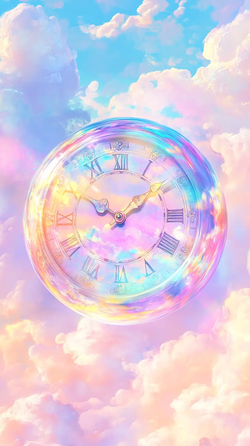 Vintage-style glass clock with rainbow highlights in pastel clouds.