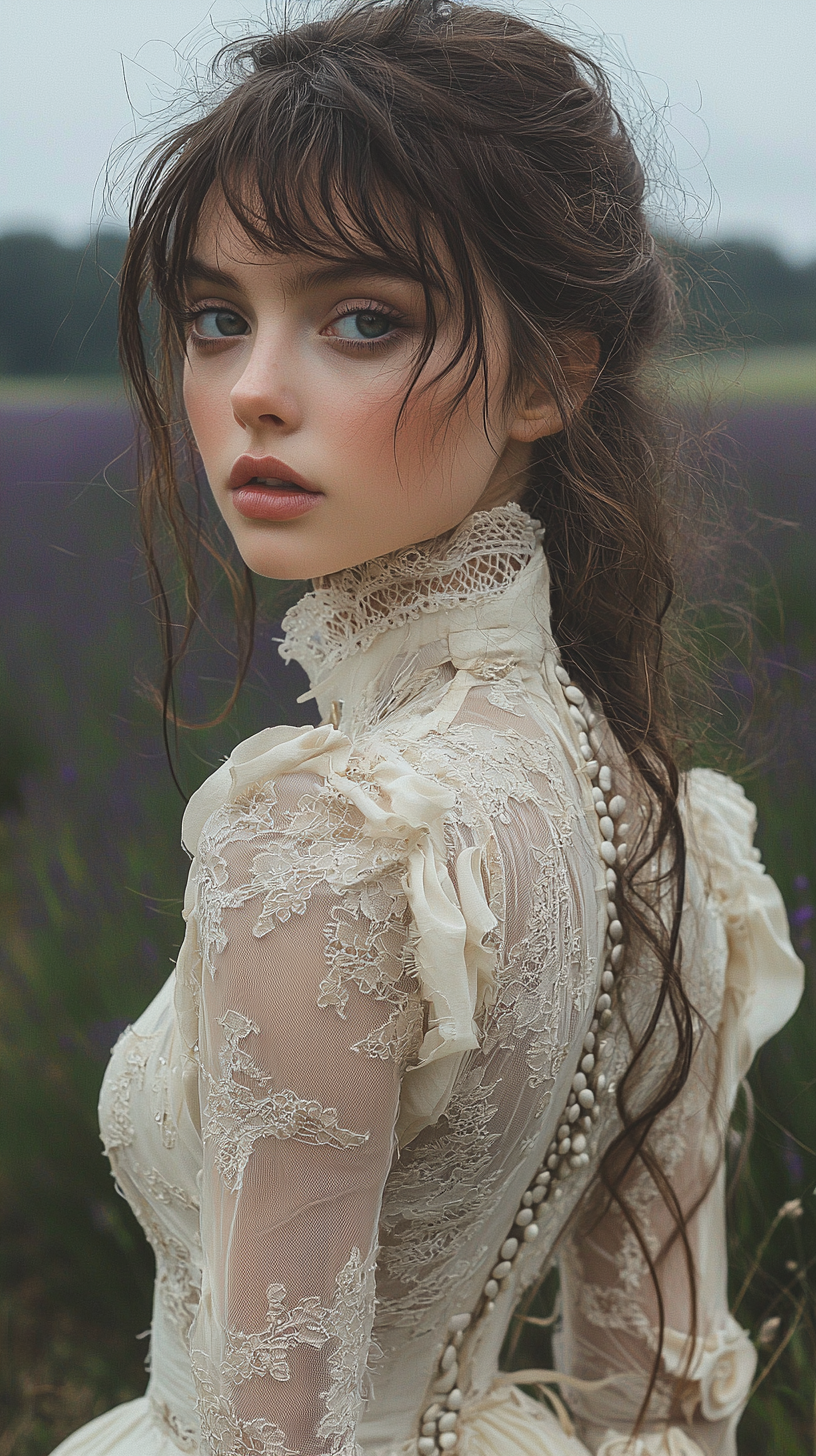 A woman in a vintage dress standing in a lavender field, bathed in soft evening light with delicate, dreamy details.