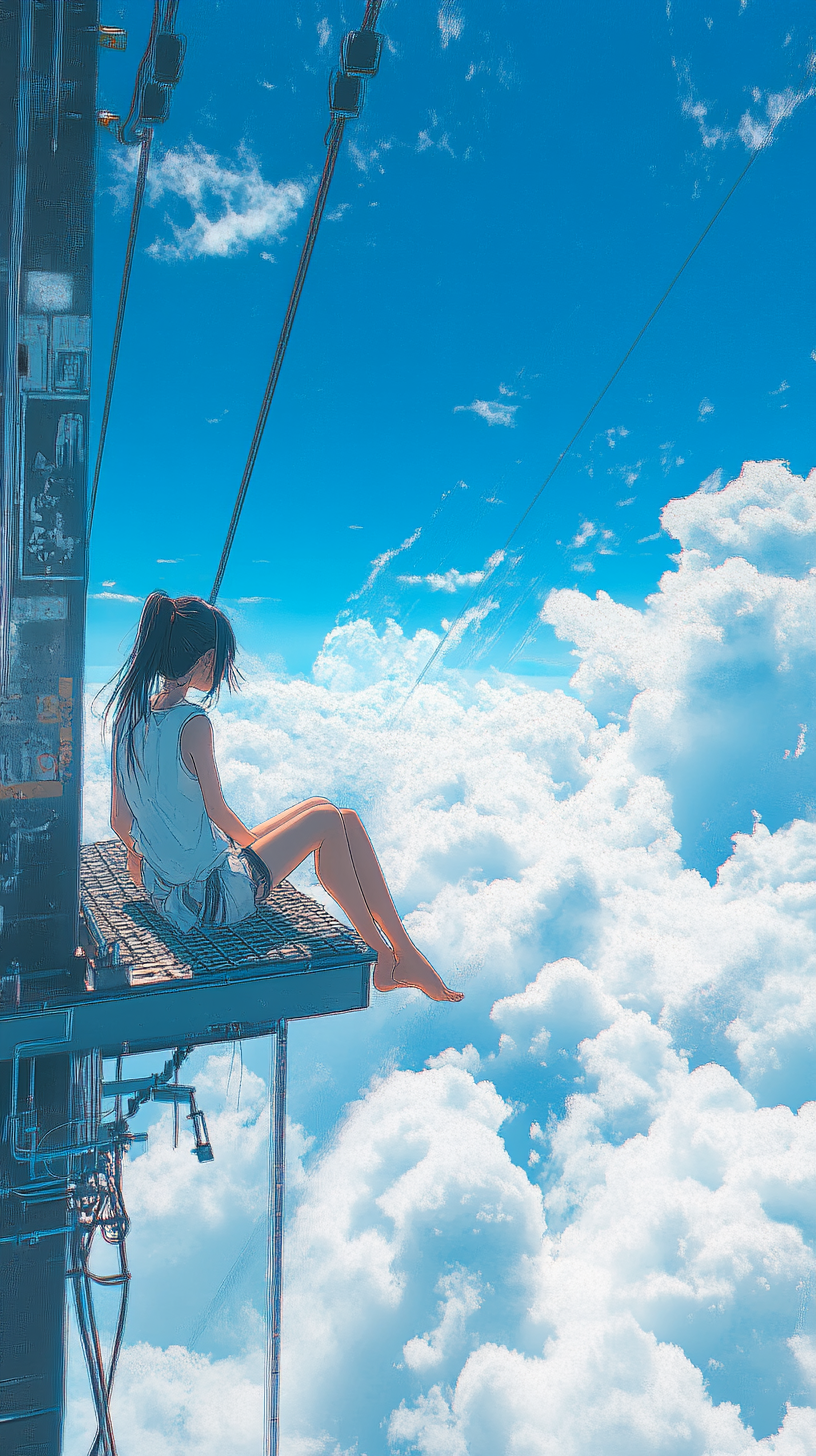 Anime-style illustration of a girl sitting on the edge of a platform, gazing at cloud, inspired by Makoto Shinkai.