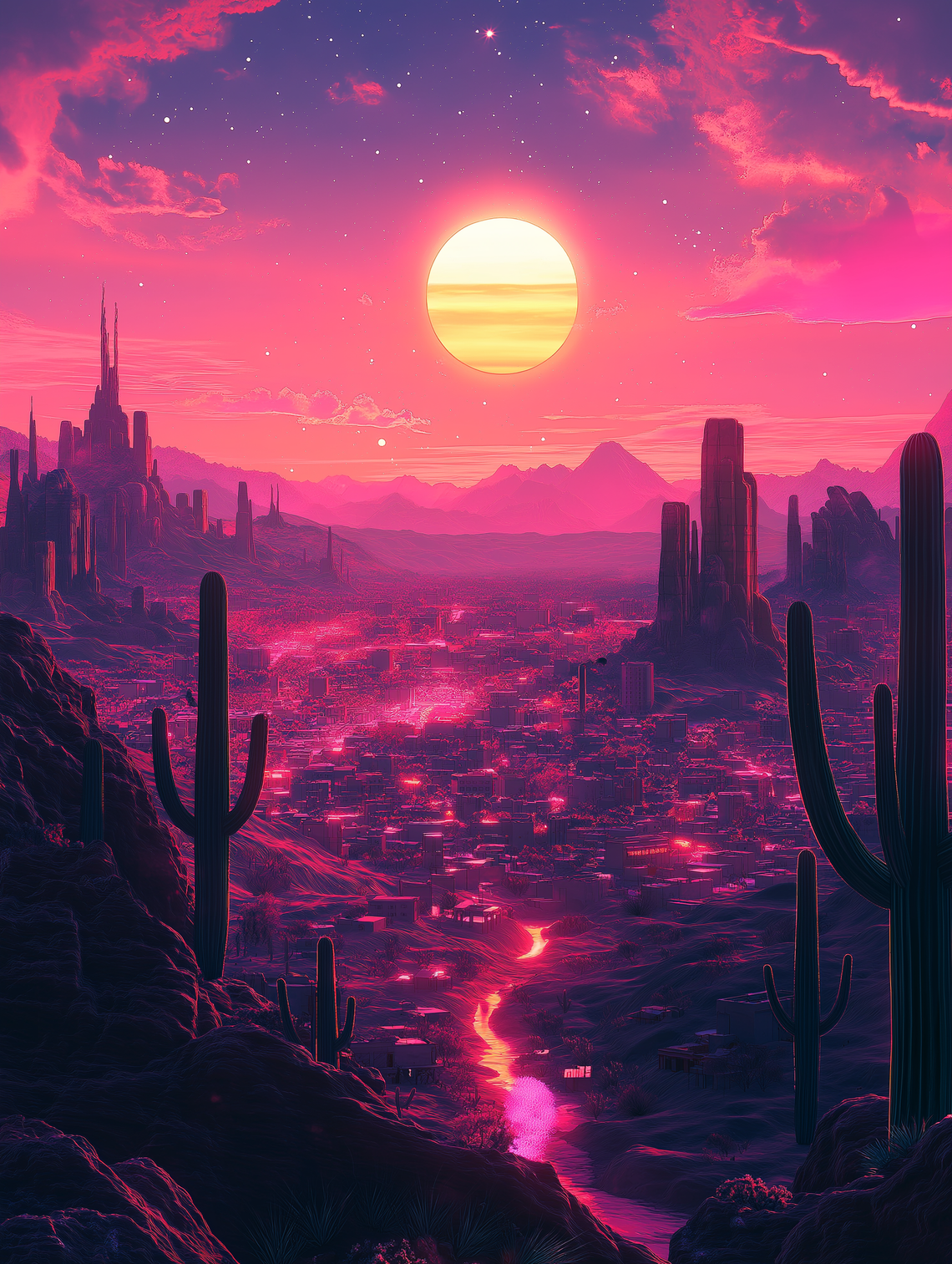 A lo-fi anime-style scene of a desert city at sunset, with vibrant colors and Arizona-inspired cacti in the foreground.