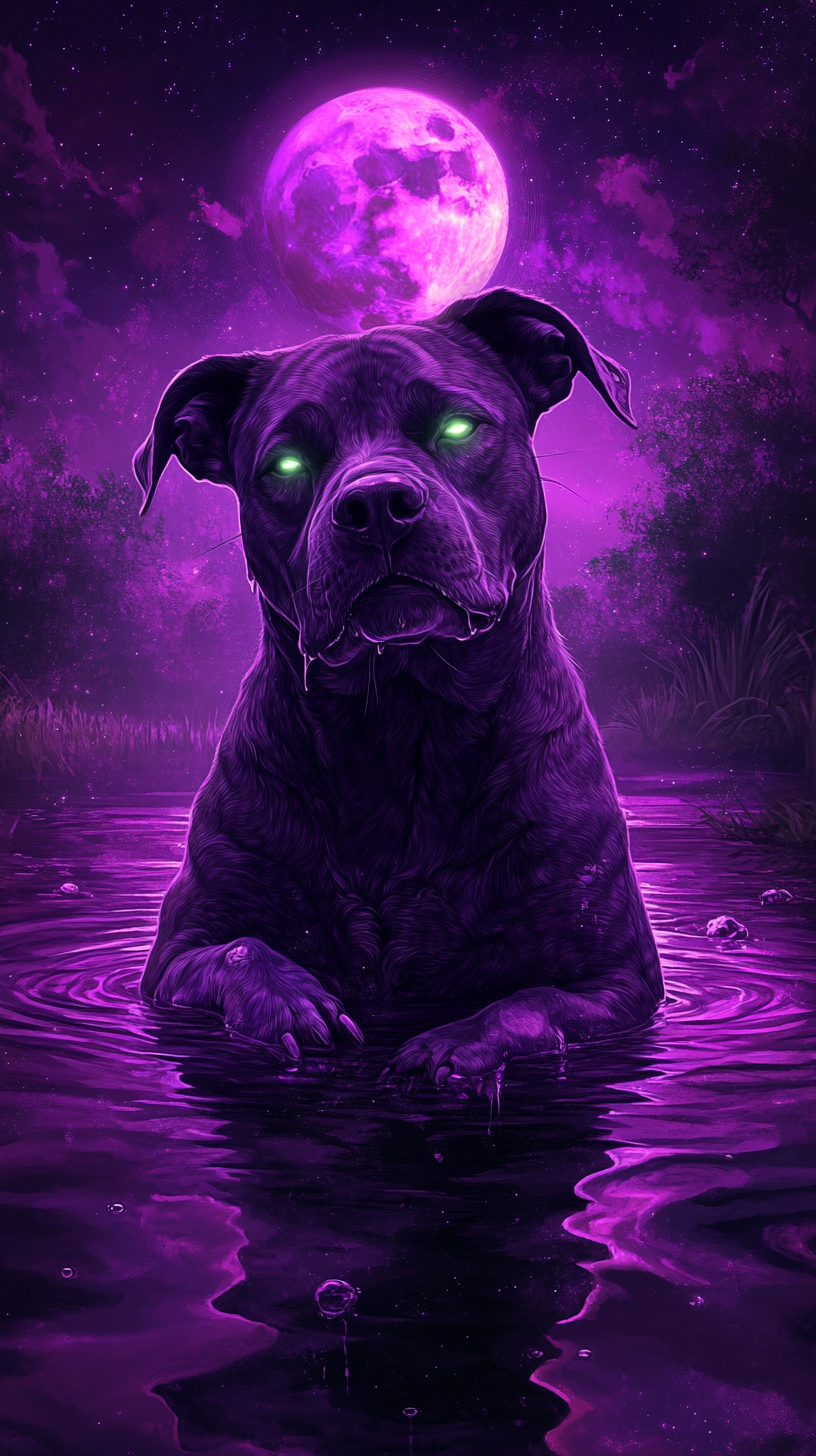 Purple dog with neon pink accents, glowing green eyes, galaxy reflection on face, and eclipse in the background