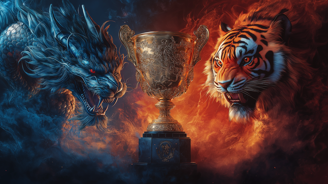 E-sports championship poster featuring a gold trophy with Chinese dragon and a tiger on the right, smoky background