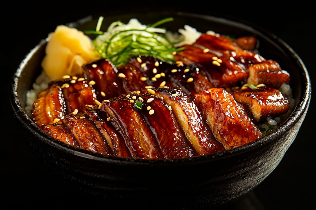 HD food photograph of an eel poke bowl, featuring fresh ingredients arranged on a black background for a striking contrast.