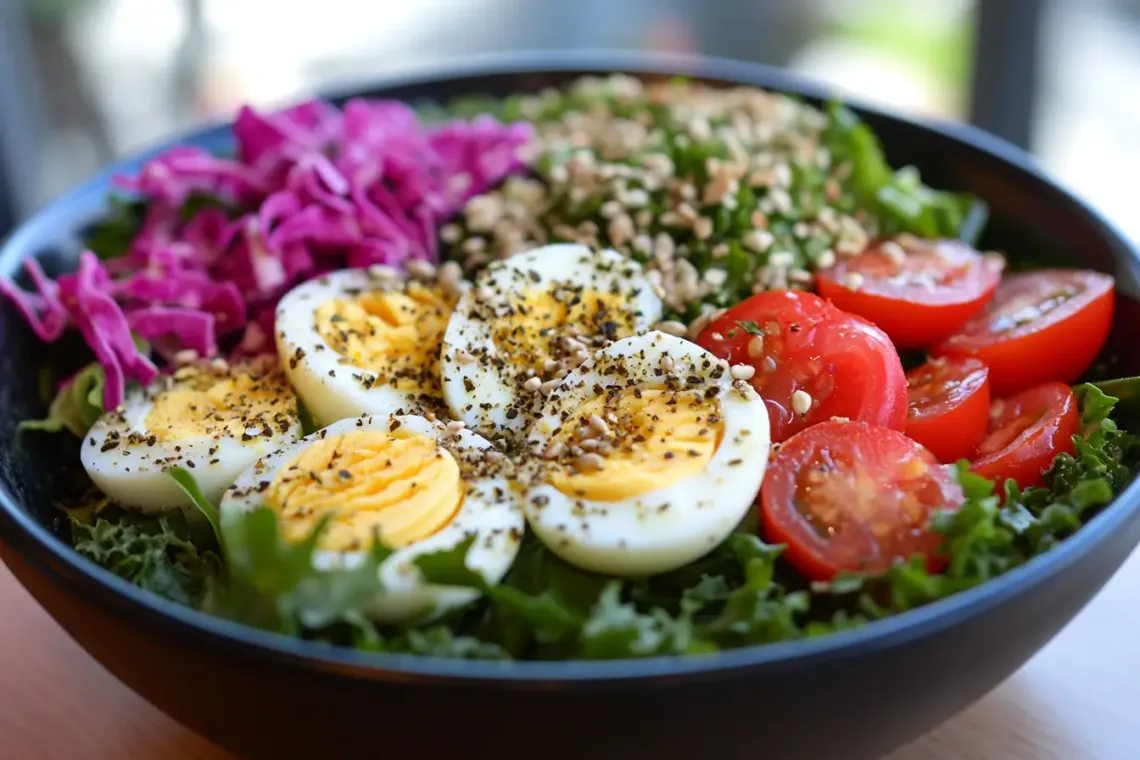 A colorful salad with hard-boiled egg slices, greens, tomatoes, and sprinkled seeds in a vibrant bowl.